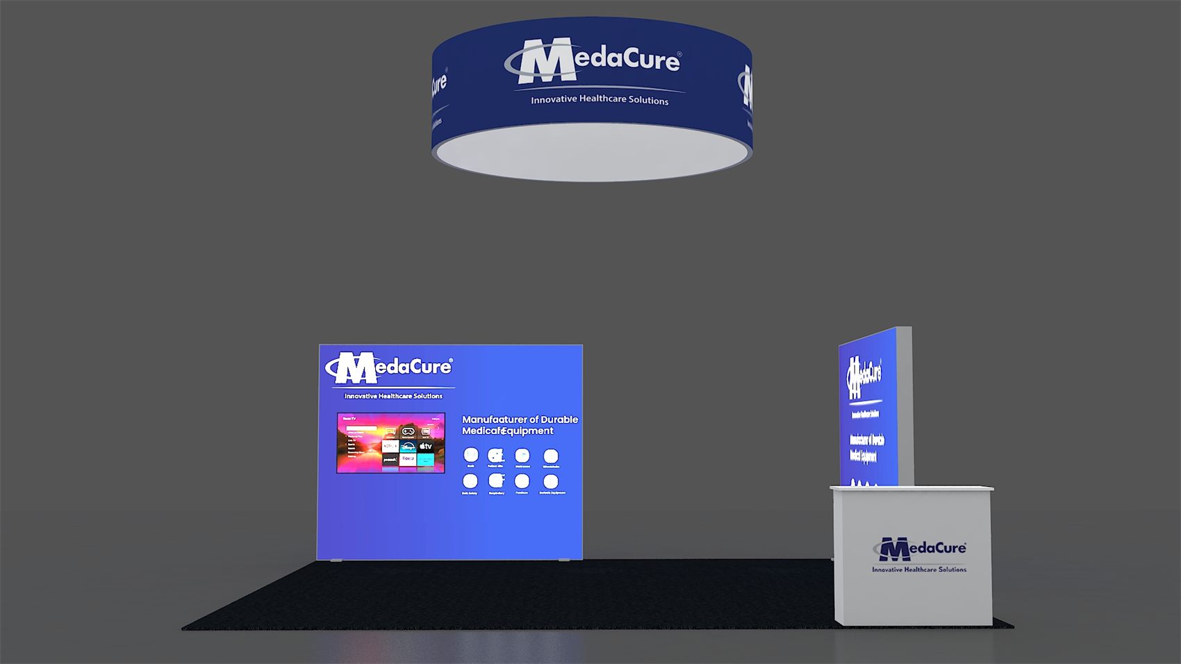20×20 Island Booth With Round Hanging Sign and Backlit Graphic Wall