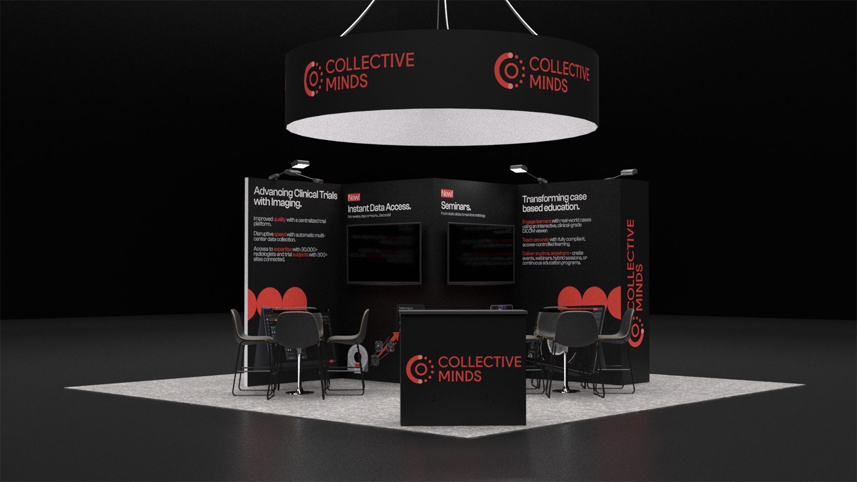 20×20 Island Booth With Round Hanging Sign and Central Media Wall