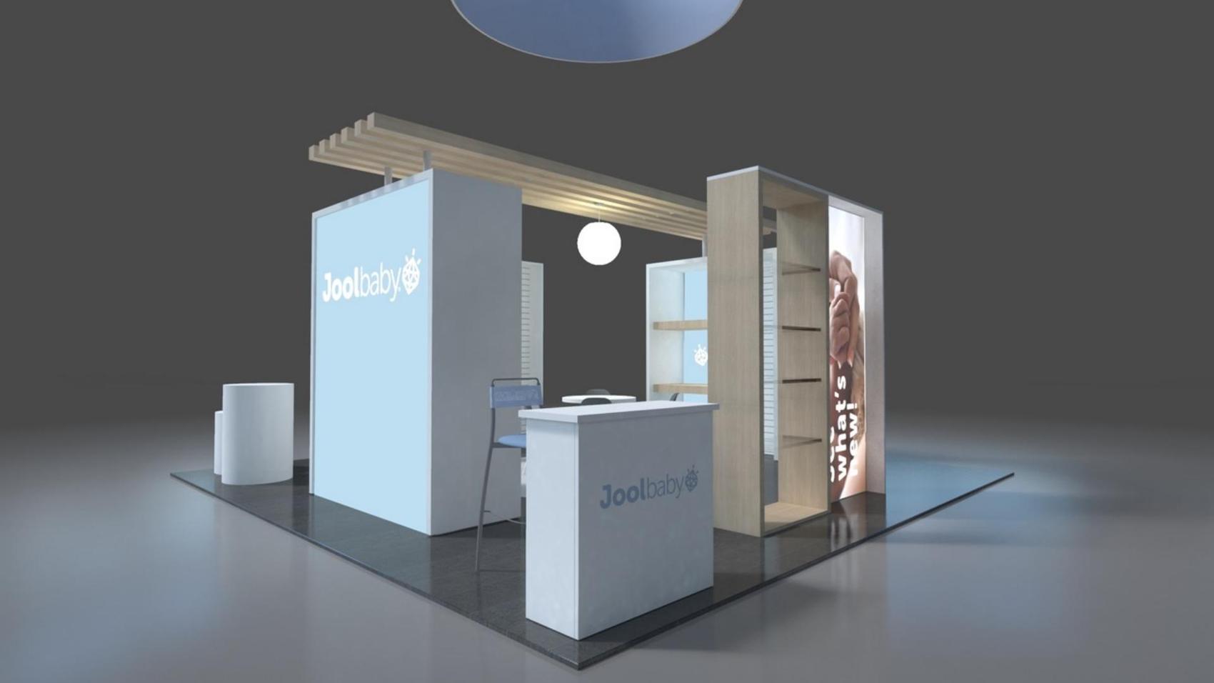 20×20 Island Booth With Round Hanging Sign and Lounge