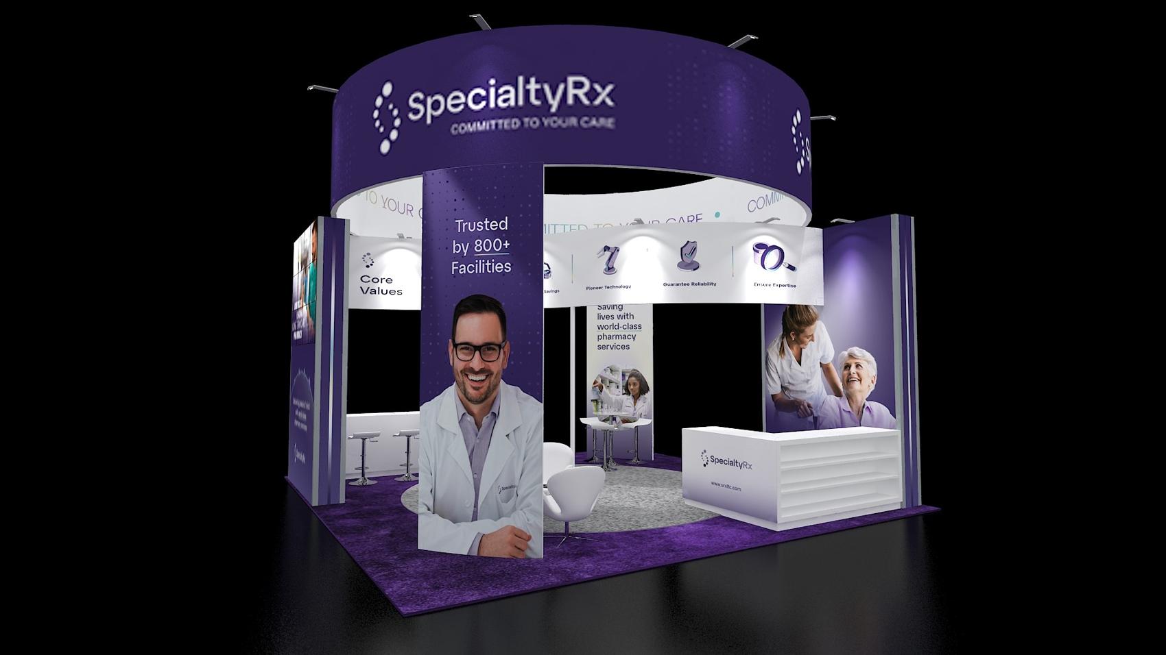 20×20 Island Booth With Round Hanging Sign and Photo Towers