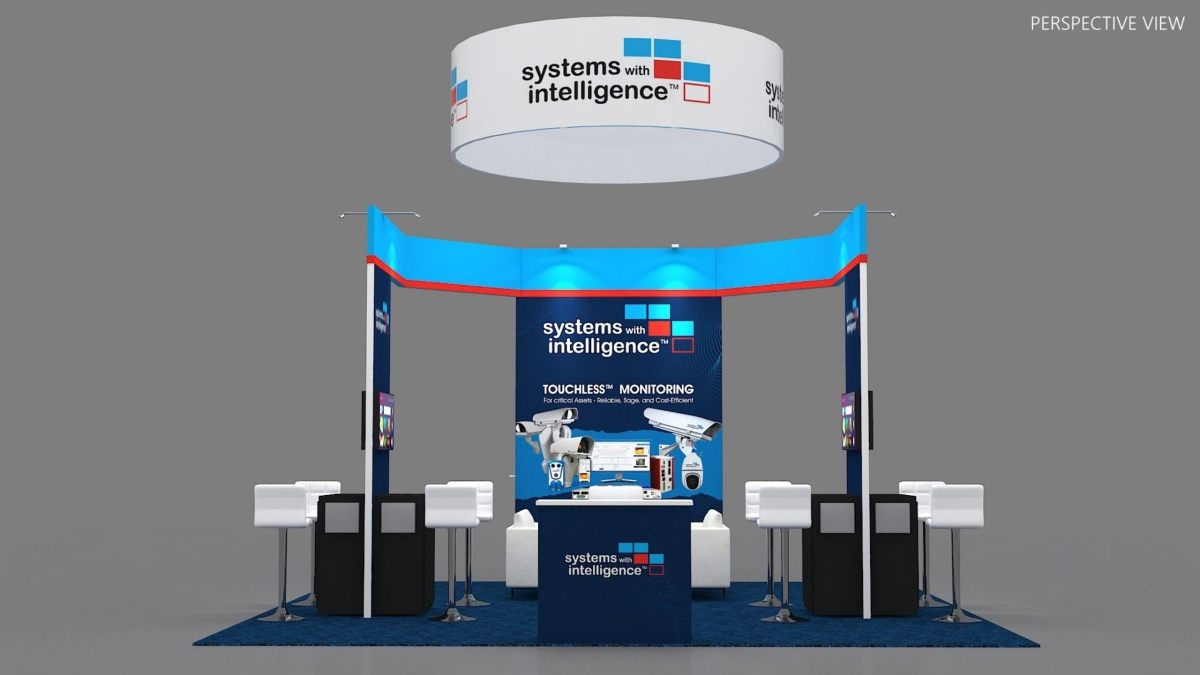 Design render of a 20×20 island trade show booth: island booth with round hanging sign and screen towers