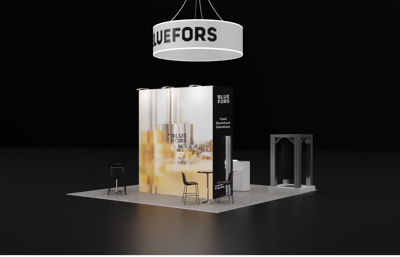 Design render of a 20×20 island trade show booth: island booth with round hanging sign and tall graphic tower
