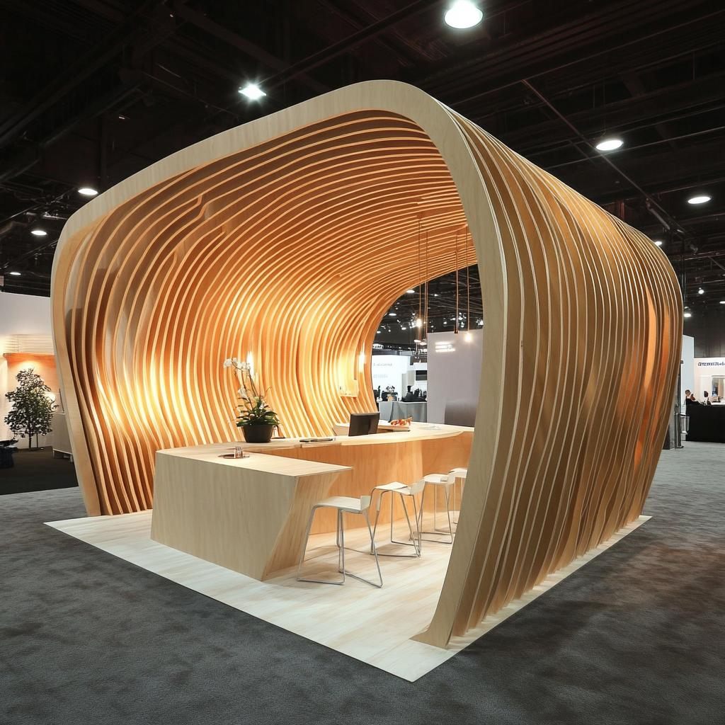 Design render of a 20×20 island trade show booth: island booth with sculptural wood slat arch and curved counter