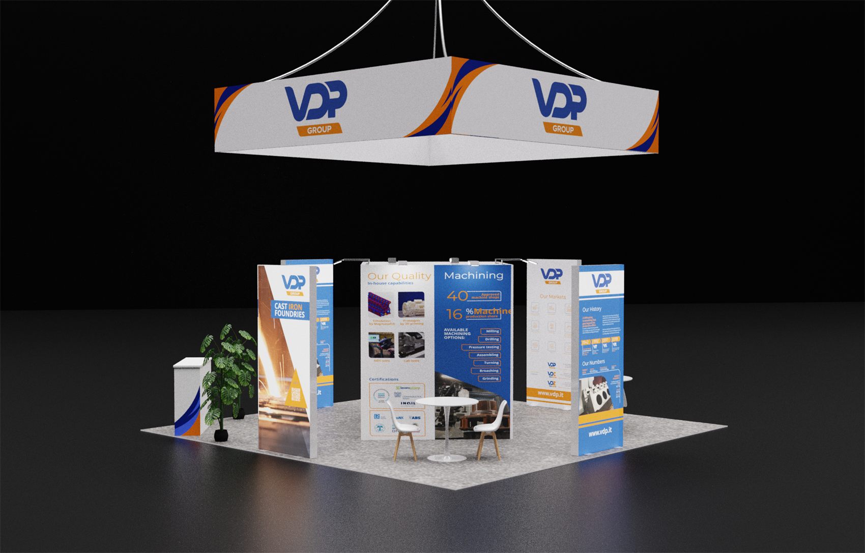 20×20 Island Booth With Square Hanging Sign and Graphic Tower Panels