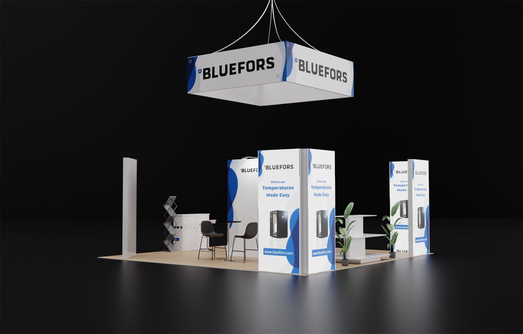 20×20 Island Booth With Square Hanging Sign and Graphic Towers