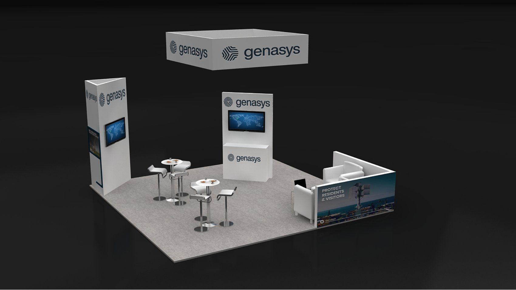 Design render of a 20×20 island trade show booth: island booth with square hanging sign and lounge nook