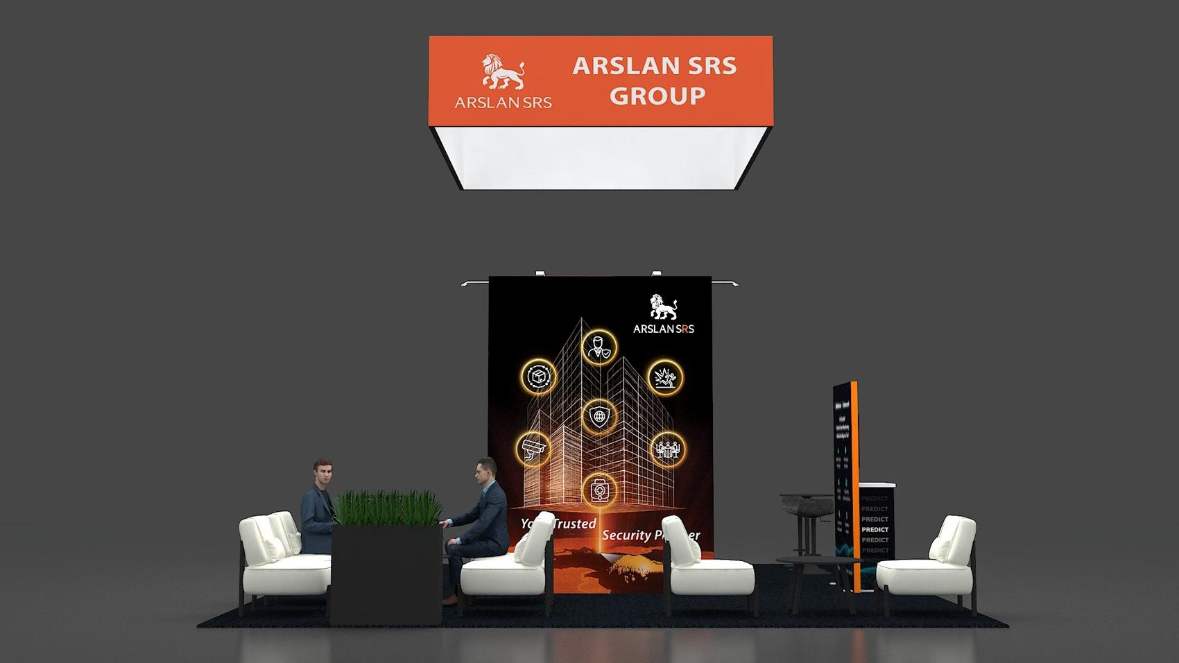 20×20 Island Booth With Square Hanging Sign and Lounge