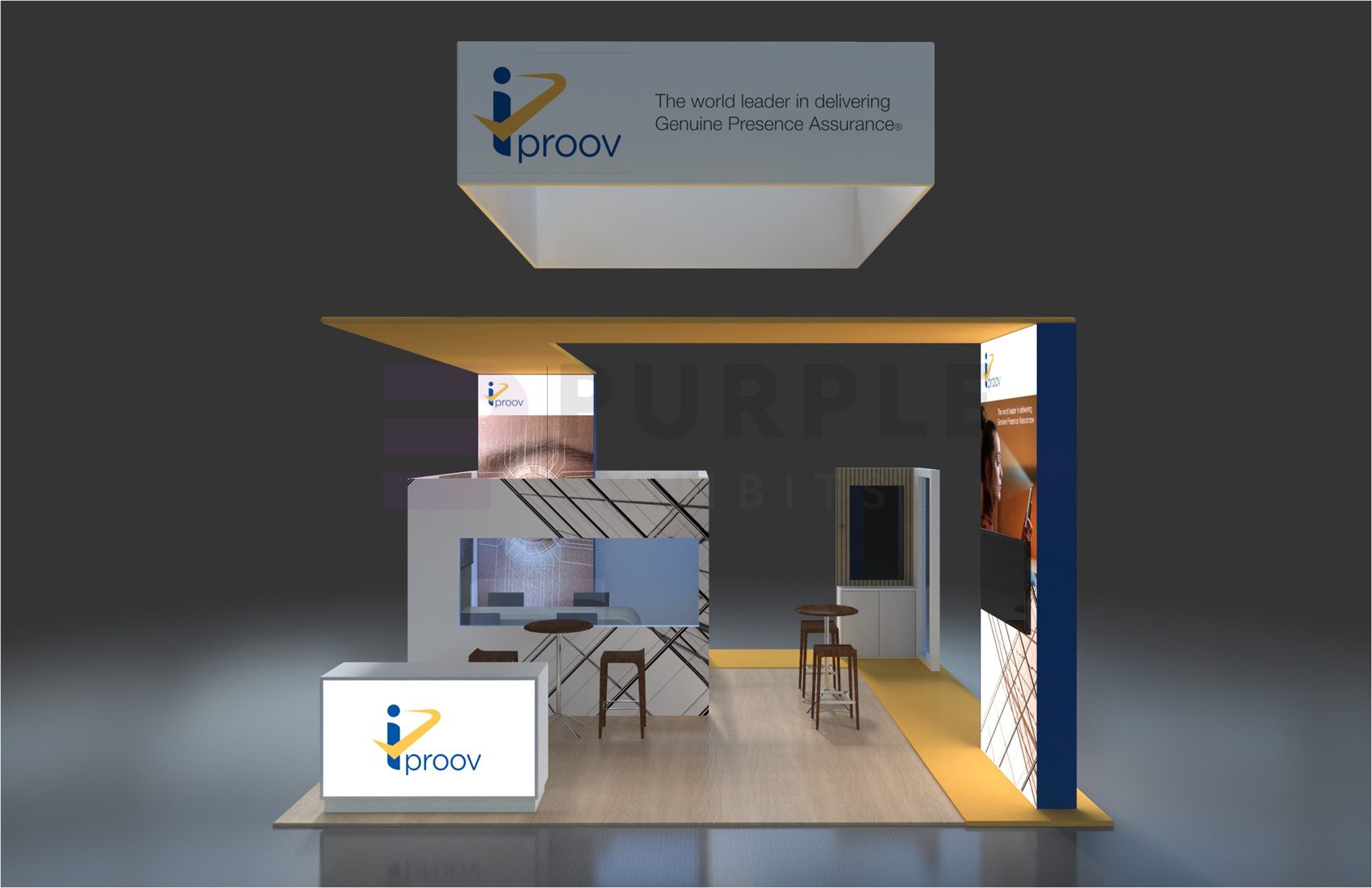 20×20 Island Booth With Square Hanging Sign and Overhead Header