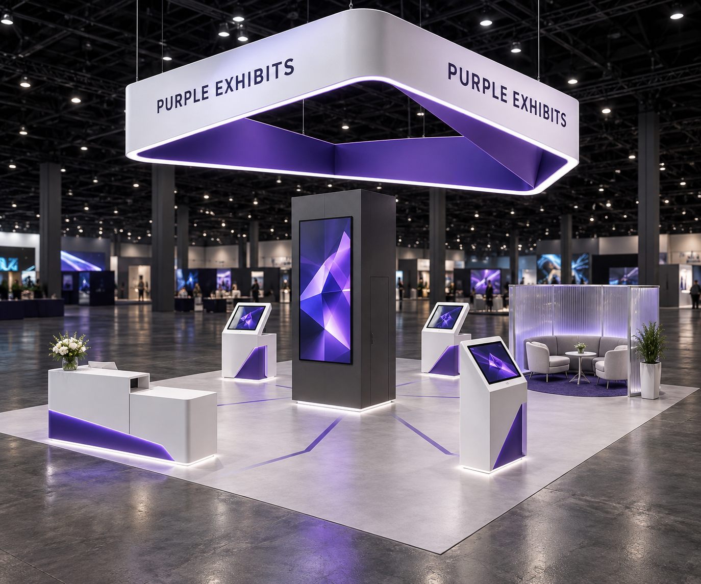 20×20 Island Booth With Square Hanging Sign and Touchscreen Kiosks