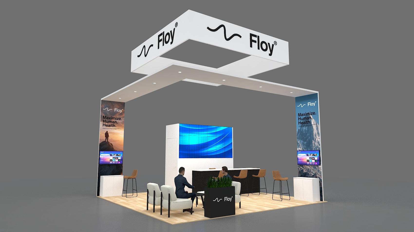 20×20 Island Booth With Square Hanging Sign and Video Wall