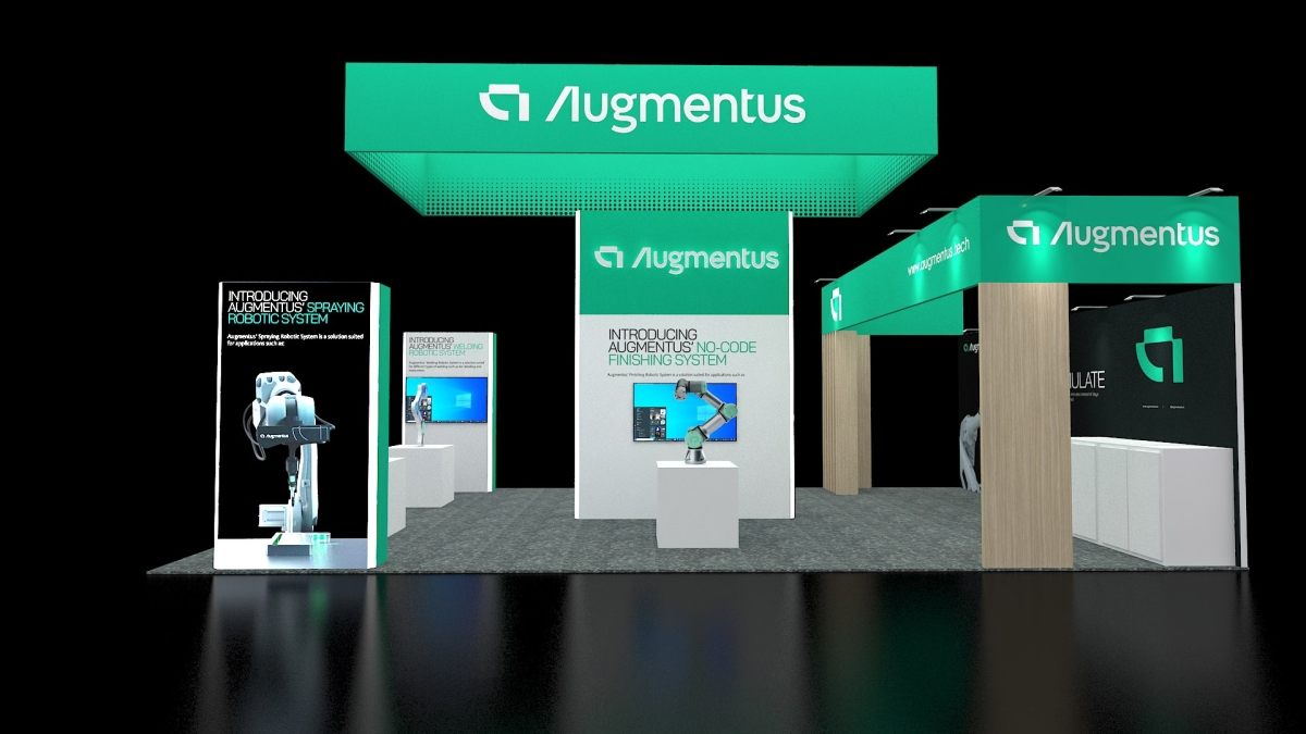 Design render of a 20×20 island trade show booth: island booth with square hanging sign and wood-look entry header