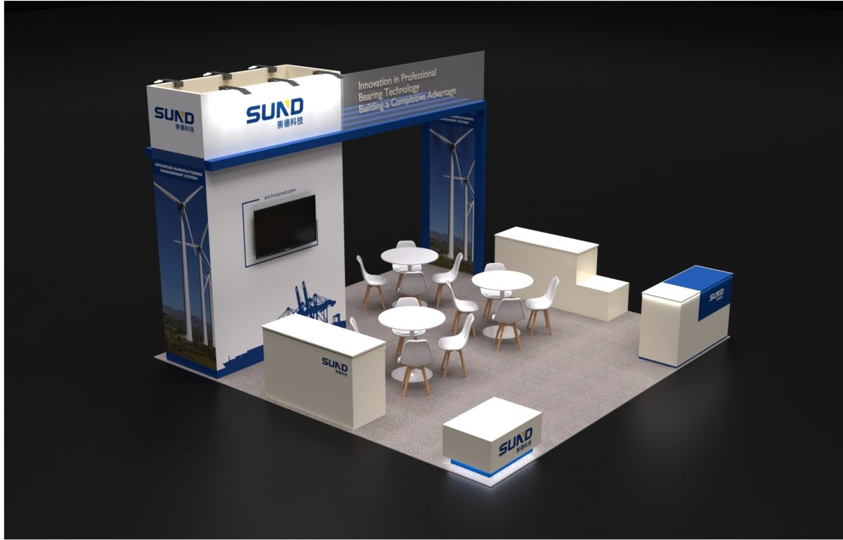 Design render of a 20×20 island trade show booth: island booth with tall storage tower and overhead blue beam