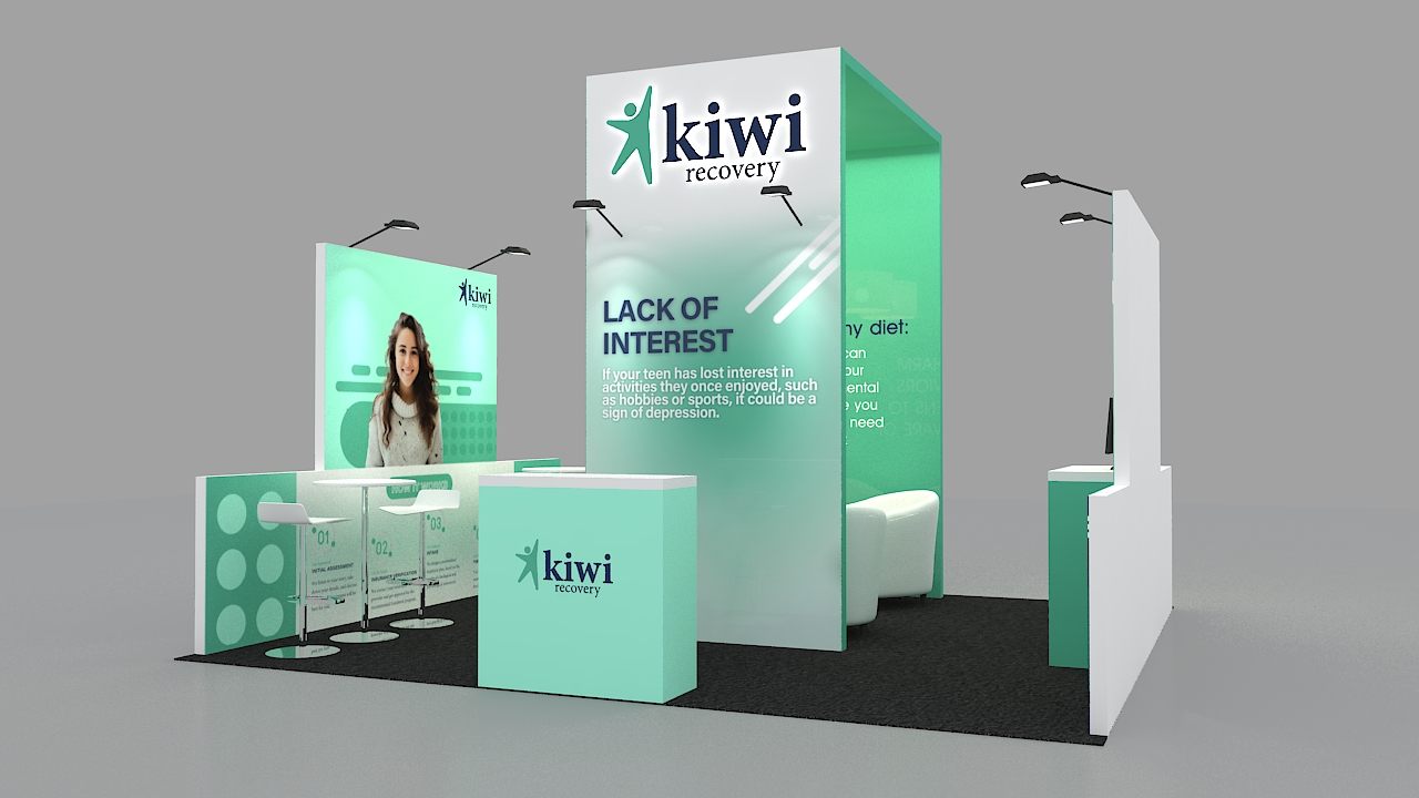 Design render of a 20×20 island trade show booth: island booth with tall tower room and lit graphic walls