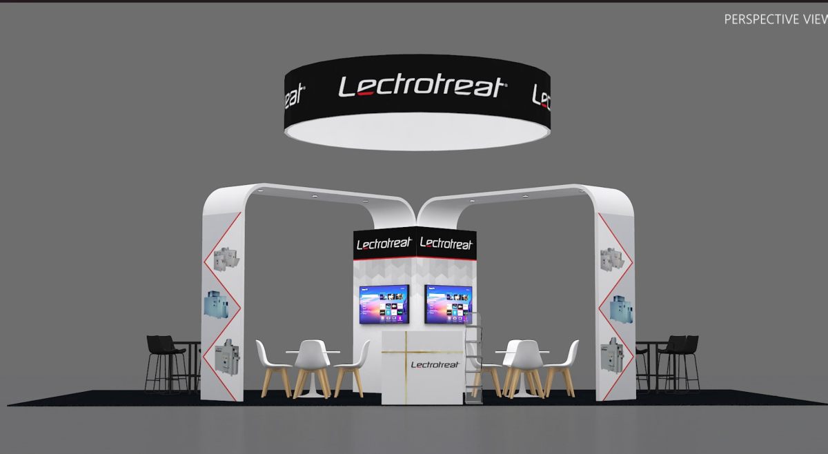 Design render of a 20×20 island trade show booth: island booth with twin arches and round hanging sign