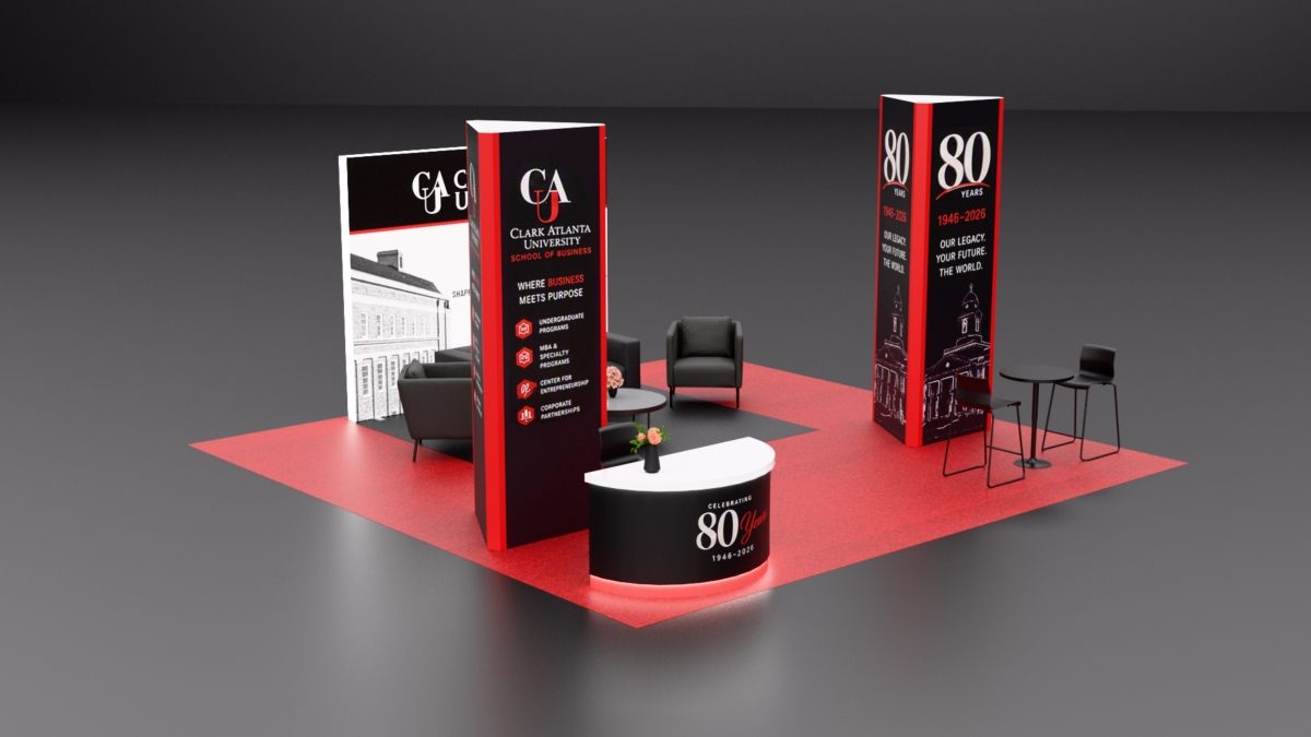 Design render of a 20×20 island trade show booth: island booth with twin triangular towers and curved counter
