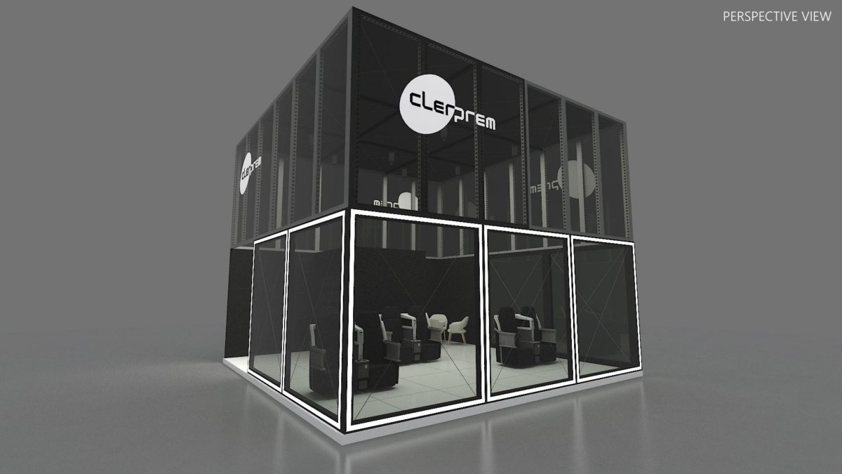 Design render of a 20×20 island trade show booth: island booth with two-level glass enclosure