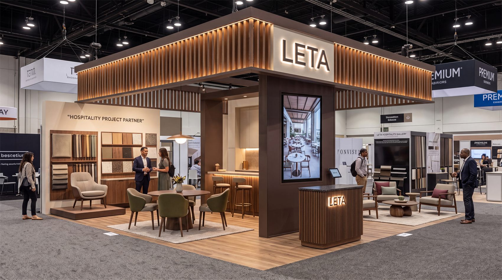 Design render of a 20×20 island trade show booth: island booth with wood slat canopy and lounge seating