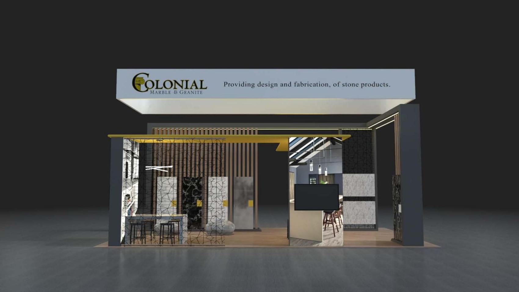 20×20 Peninsula Booth Booth With Lit Header and Stone Sample Walls