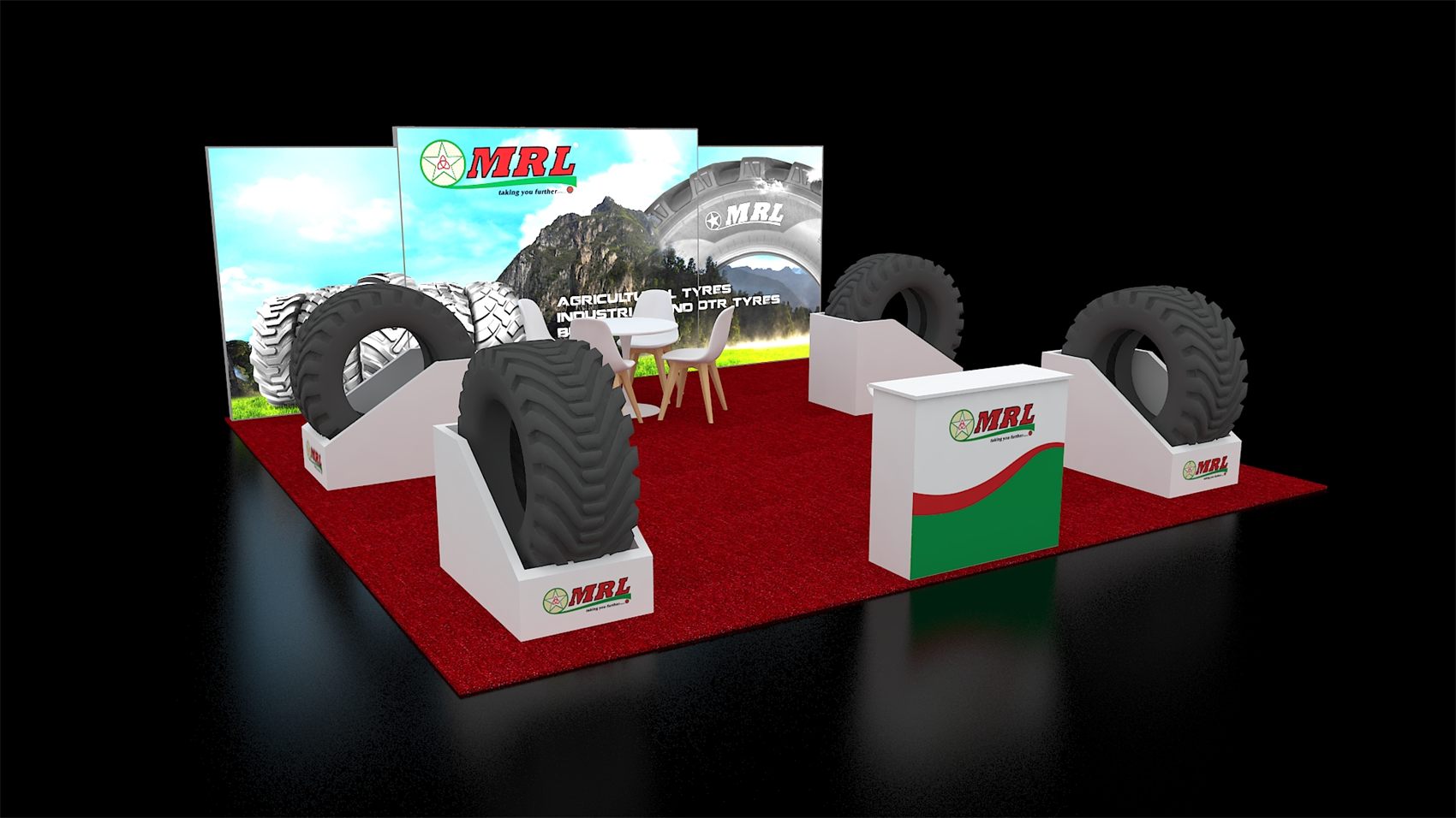 20×20 Peninsula Booth With Angled Product Plinths and Tiered Graphic Wall