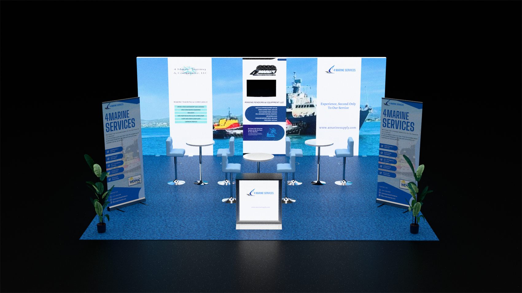 20×20 Peninsula Booth With Backlit Graphic Wall and Bar-Table Seating