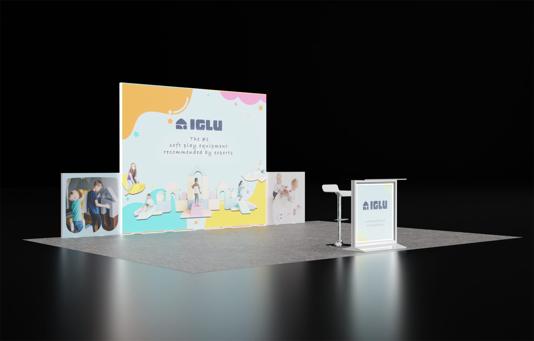 20×20 Peninsula Booth With Backlit Wall and Open Floor