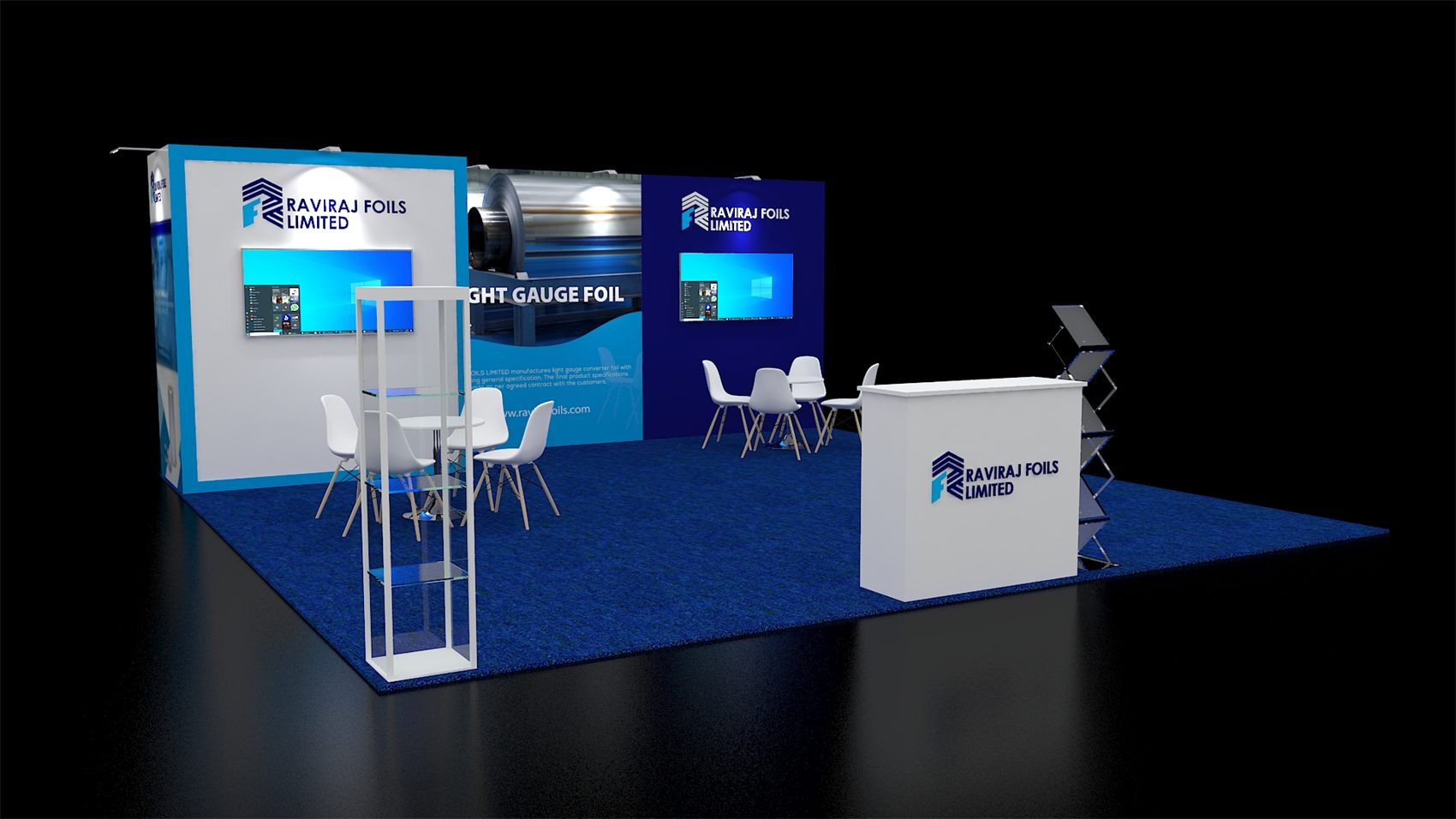 20×20 Peninsula Booth With Dual TVs and Glass Tower Showcase