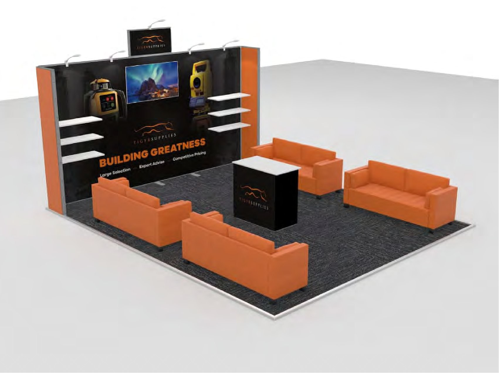 Design render of a 20×20 peninsula trade show booth: peninsula booth with four-sofa lounge and shelved graphic wall