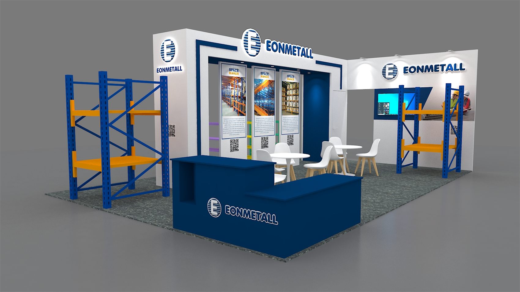 20×20 Peninsula Booth With Framed Header Portal and L-Shaped Counter