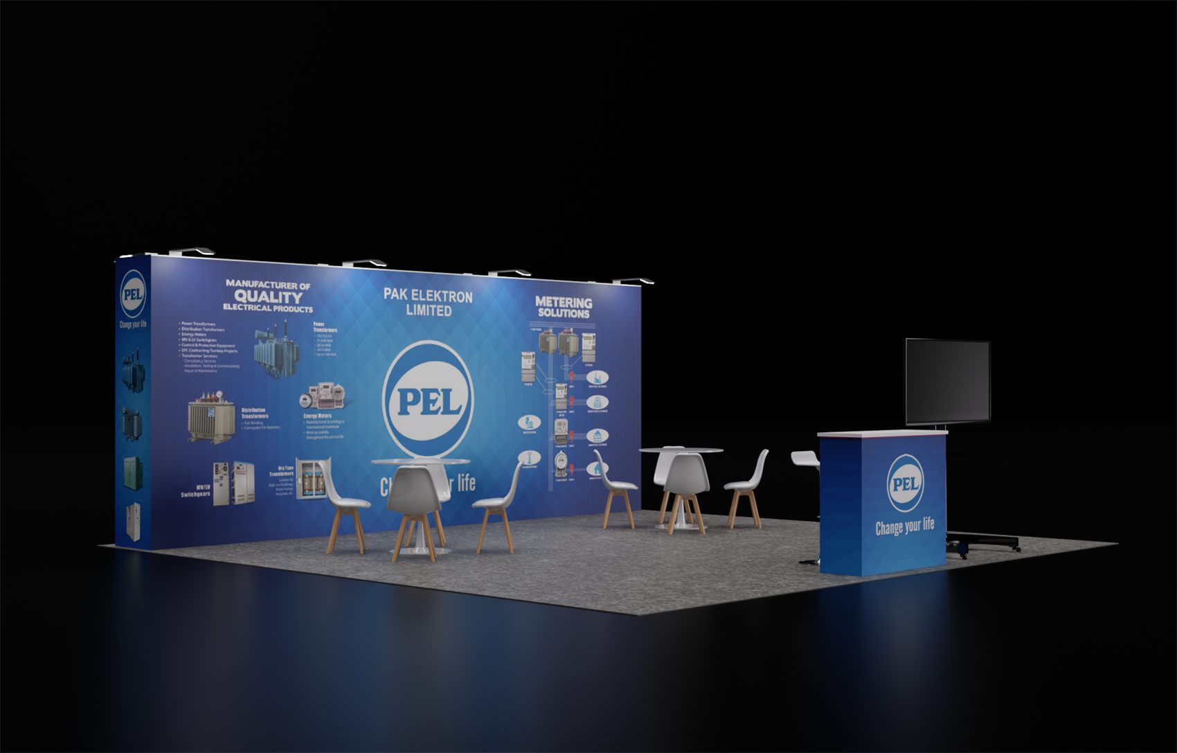 20×20 Peninsula Booth With Full Graphic Back Wall and TV Stand