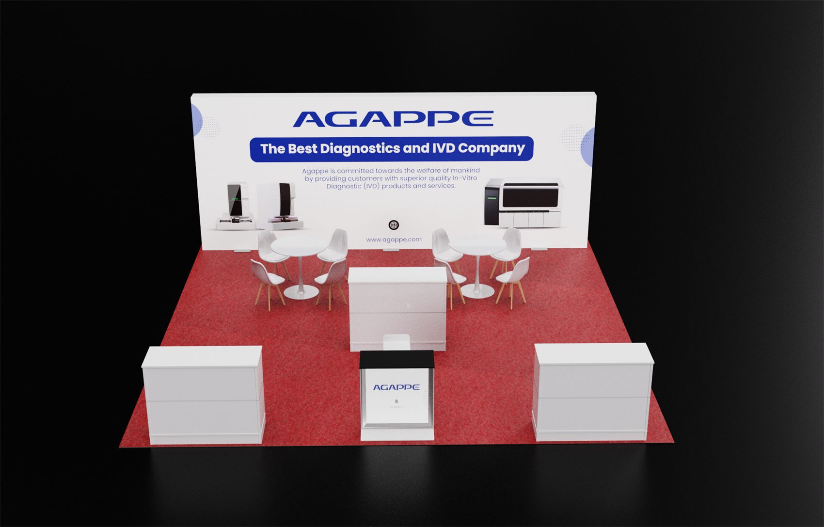 20×20 Peninsula Booth With Full-Width Back Wall and Product Display Counters