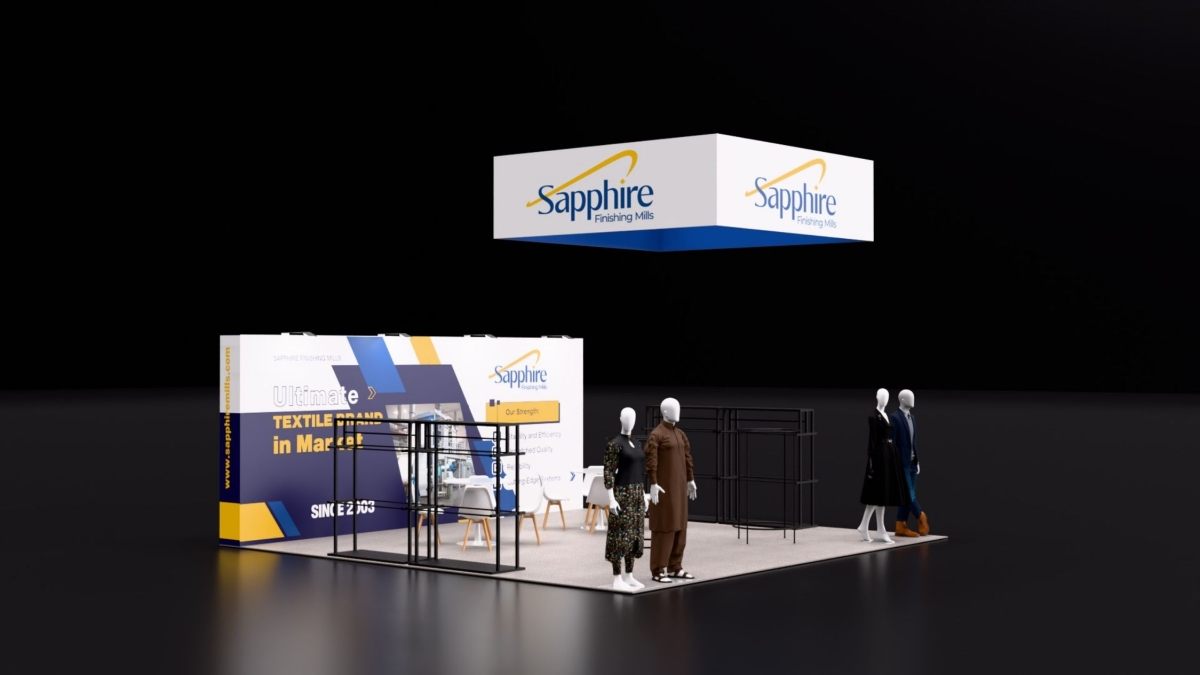 Design render of a 20×20 peninsula trade show booth: peninsula booth with hanging sign and garment display racks
