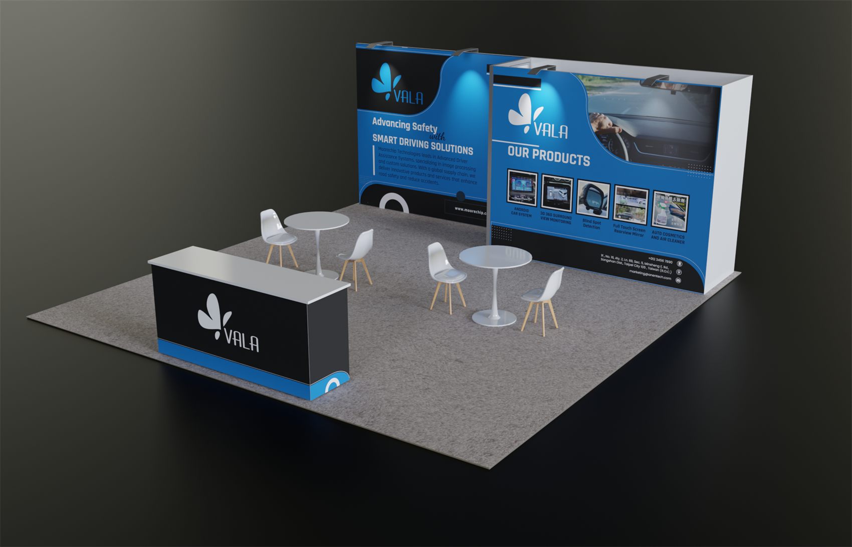 20×20 Peninsula Booth With Layered Graphic Back Wall and Long Reception Counter