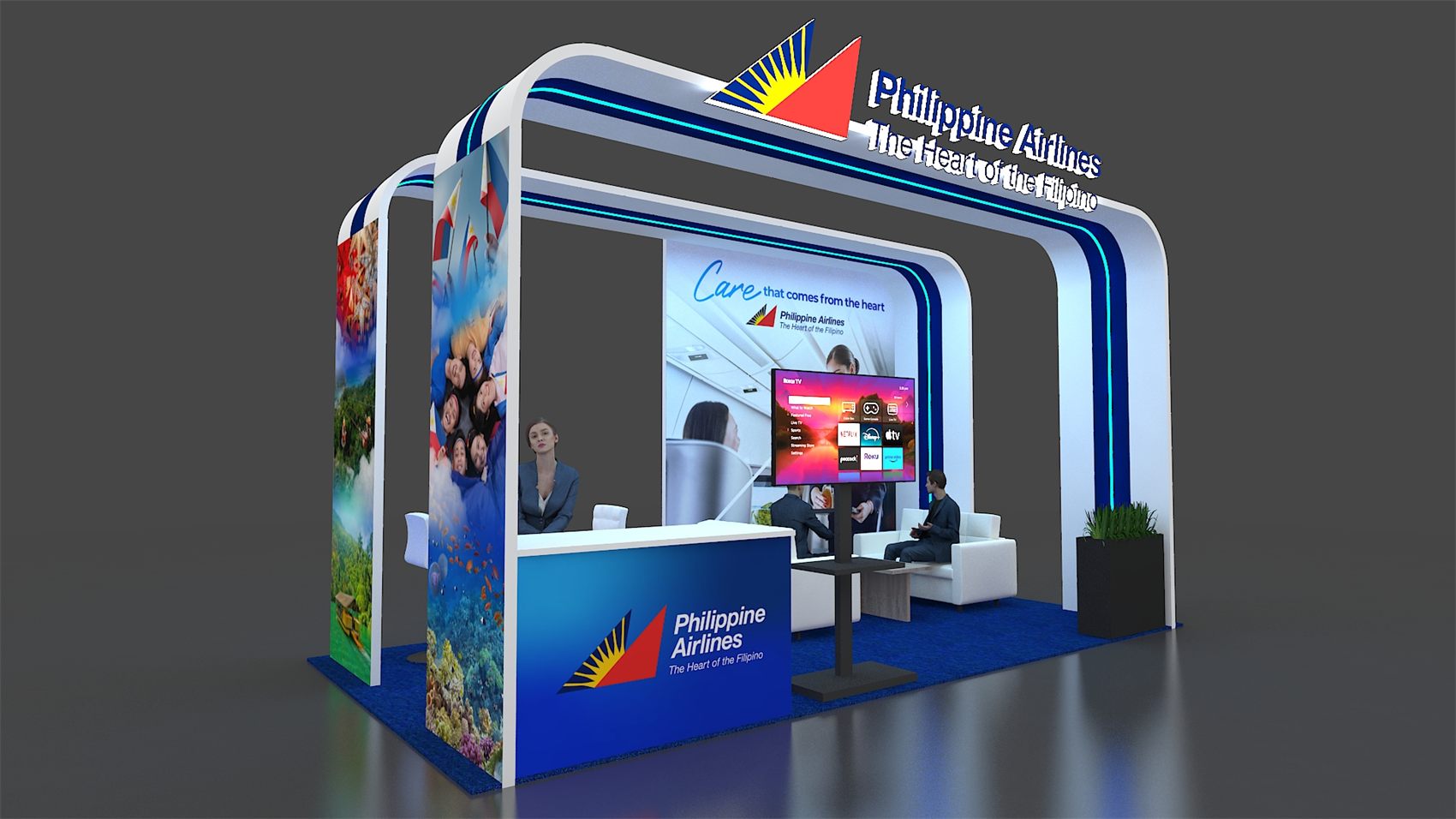 20×20 Peninsula Booth With LED-Lined Arch Frames and Lounge Area