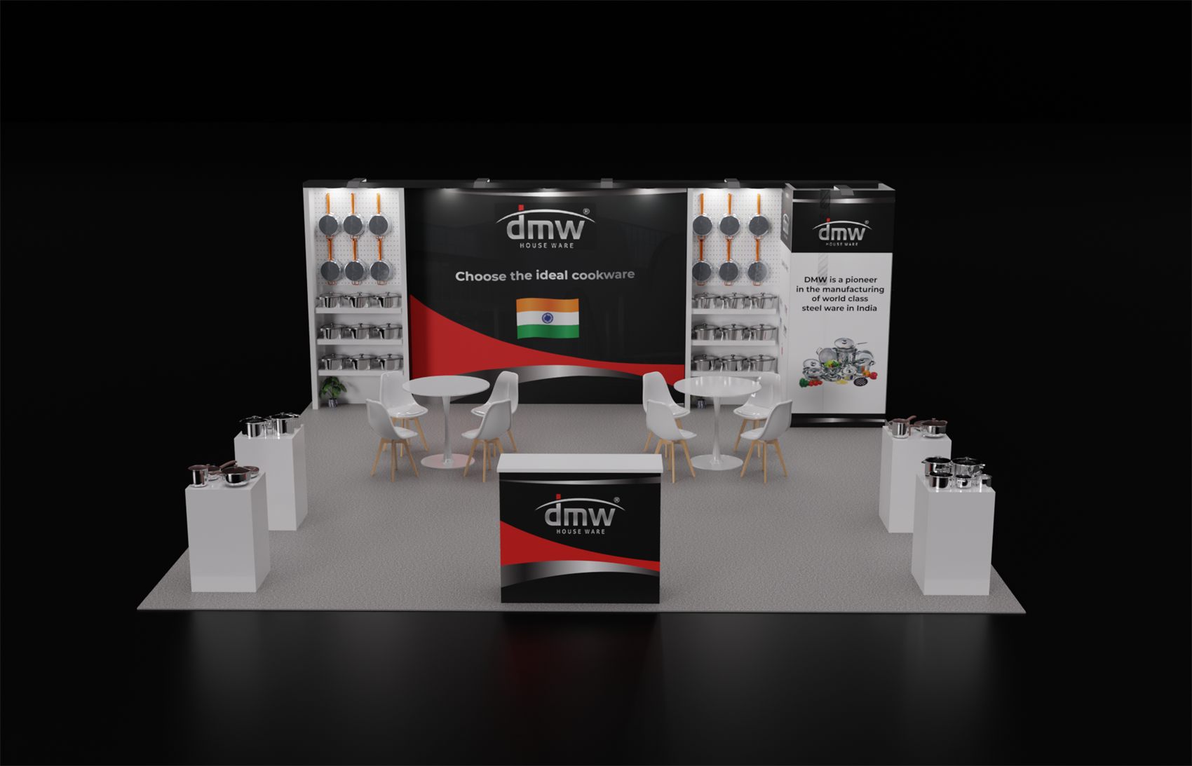 20×20 Peninsula Booth With Lit Pegboard Product Walls and Display Plinths