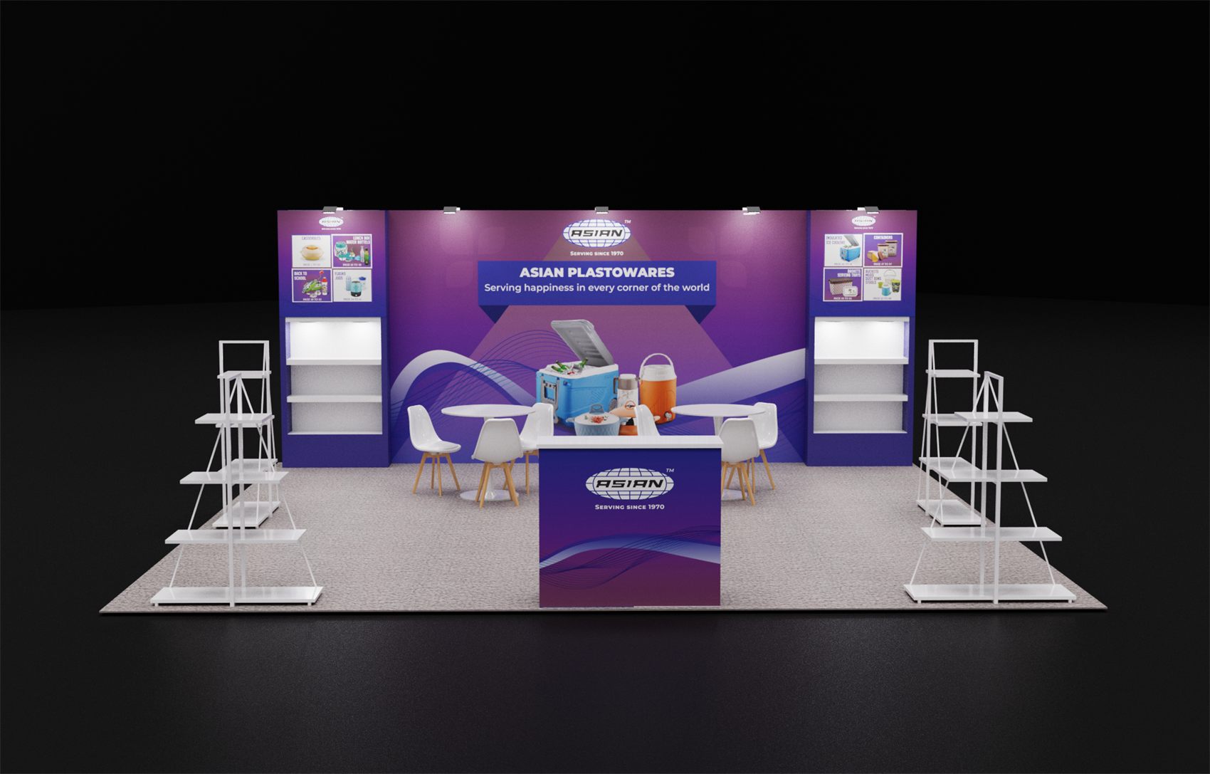 20×20 Peninsula Booth With Lit Shelf Towers and Freestanding Display Racks