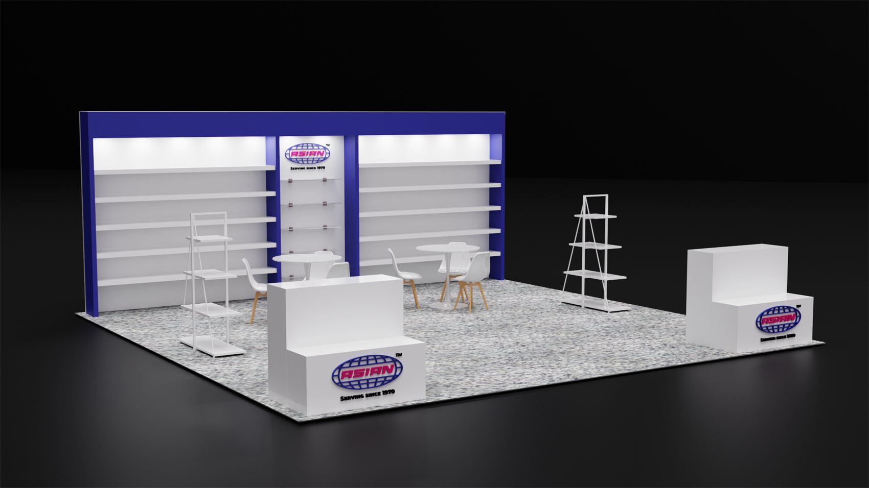 20×20 Peninsula Booth With Lit Shelving Back Wall and Stepped Display Plinths