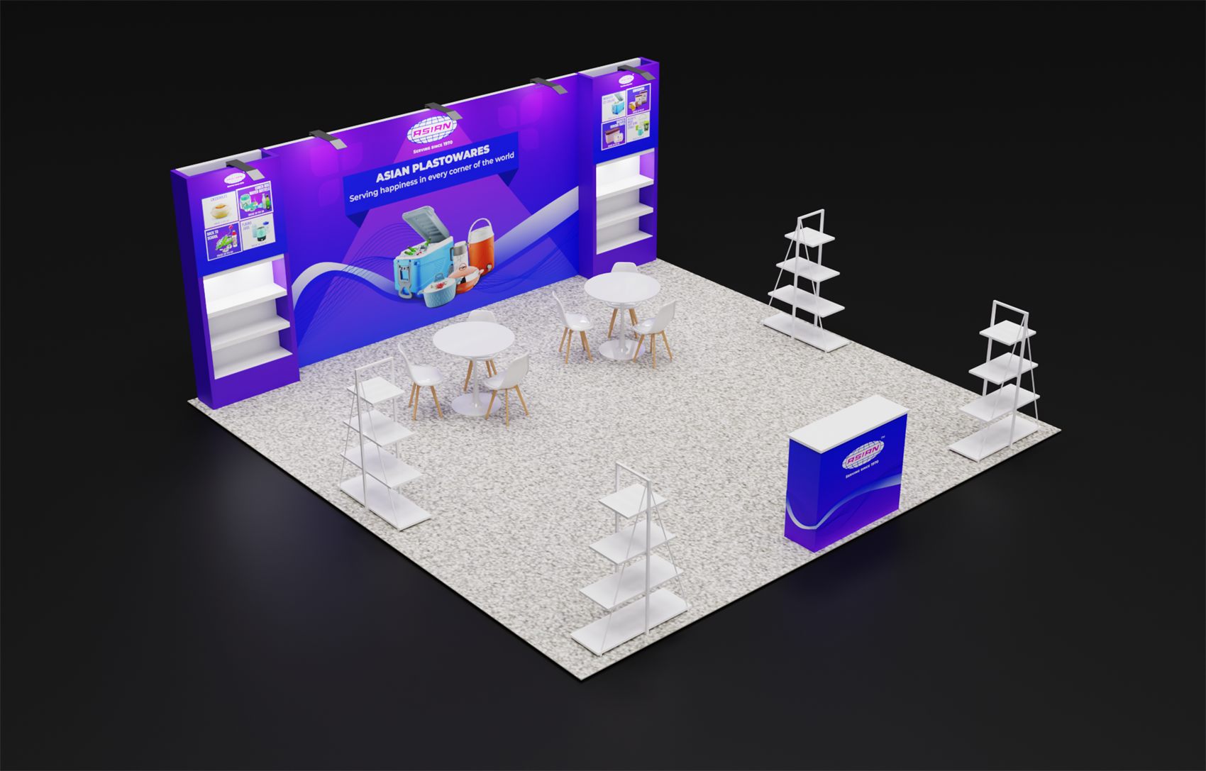 20×20 Peninsula Booth With Lit Shelving Towers and A-Frame Display Racks
