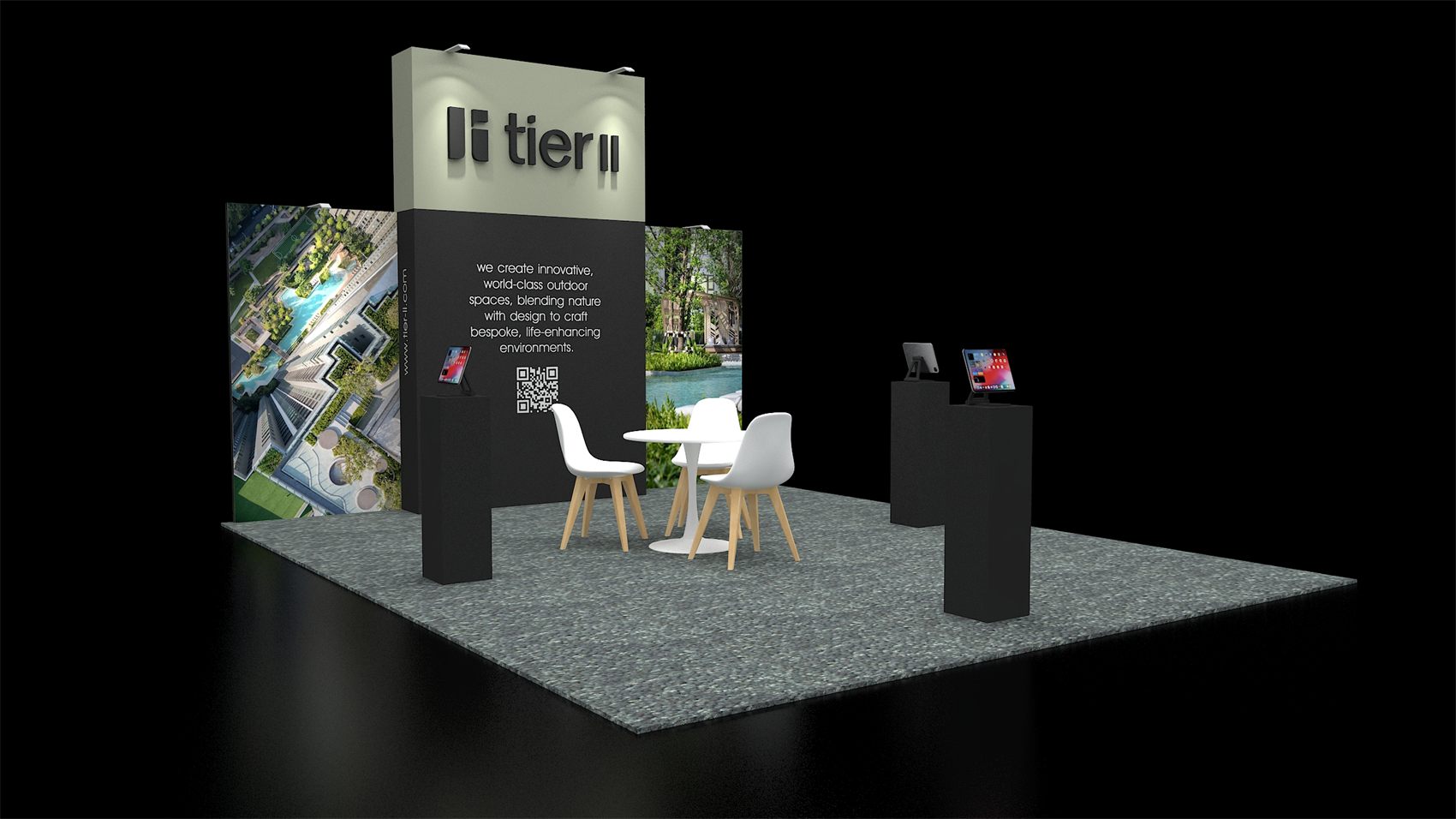 20×20 Peninsula Booth With Logo Tower Header and Tablet Kiosks