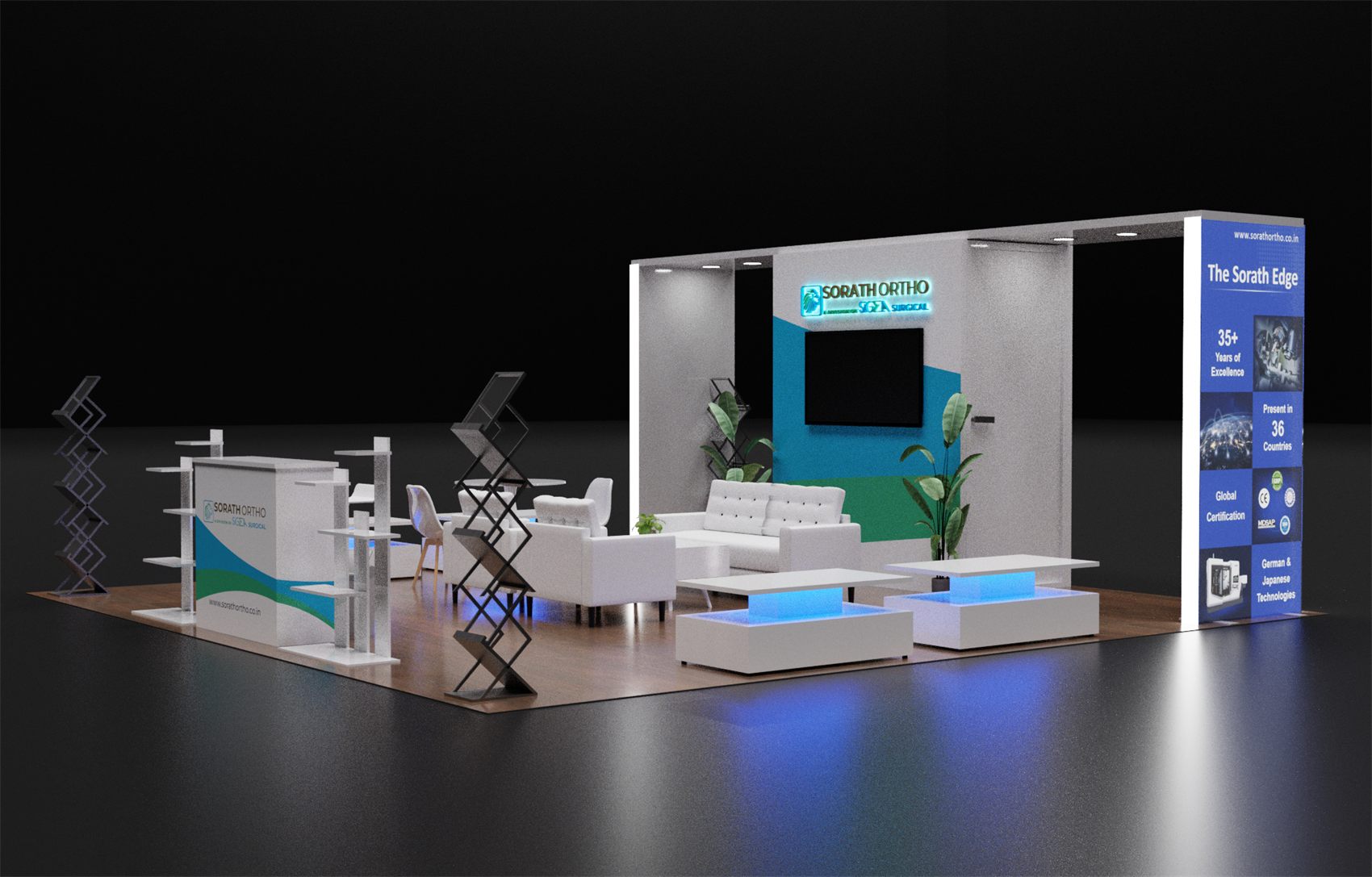 20×20 Peninsula Booth With Lounge Seating and Backlit Display Tables