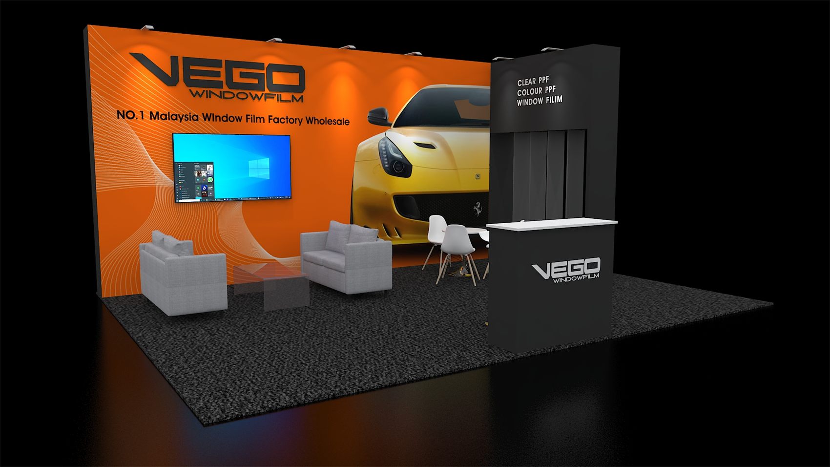 20×20 Peninsula Booth With Lounge Sofas and Branded Tower Counter