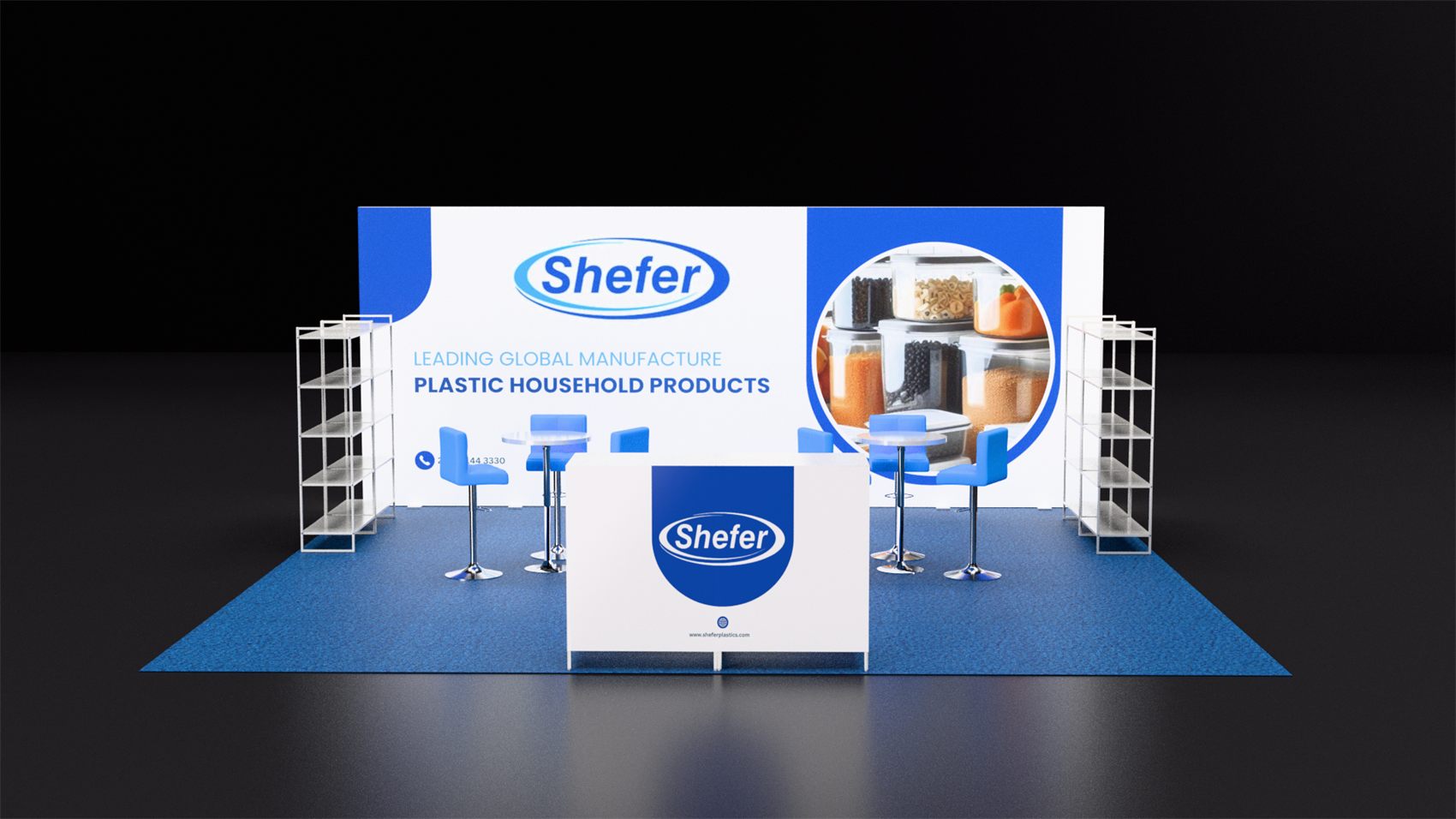 20×20 Peninsula Booth With Open Metal Shelving Units and Bar-Height Seating