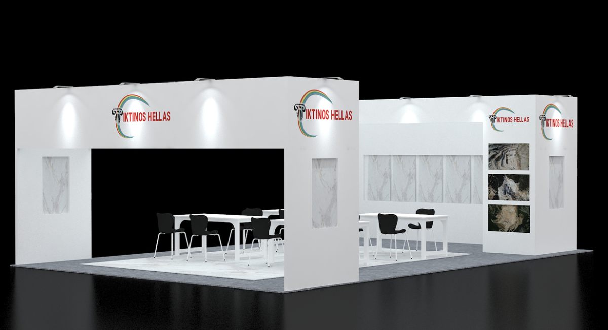 Design render of a 20×20 peninsula trade show booth: peninsula booth with portal header and meeting tables