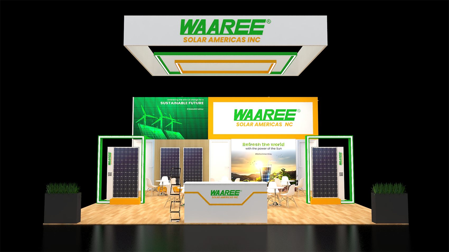 Design render of a 20×20 peninsula trade show booth: peninsula booth with rectangular hanging sign and panel display frames