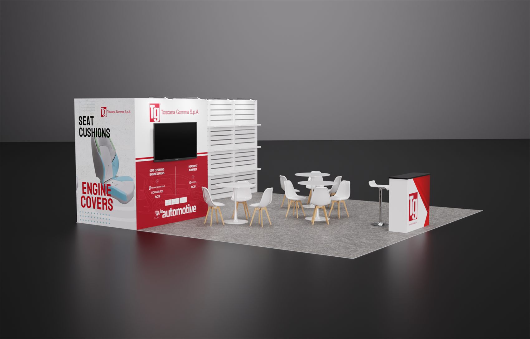 20×20 Peninsula Booth With Slatted Shelf Wall and Café Seating