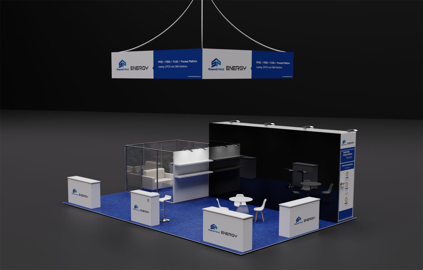 20×20 Peninsula Booth With Square Hanging Sign and Glass Meeting Room