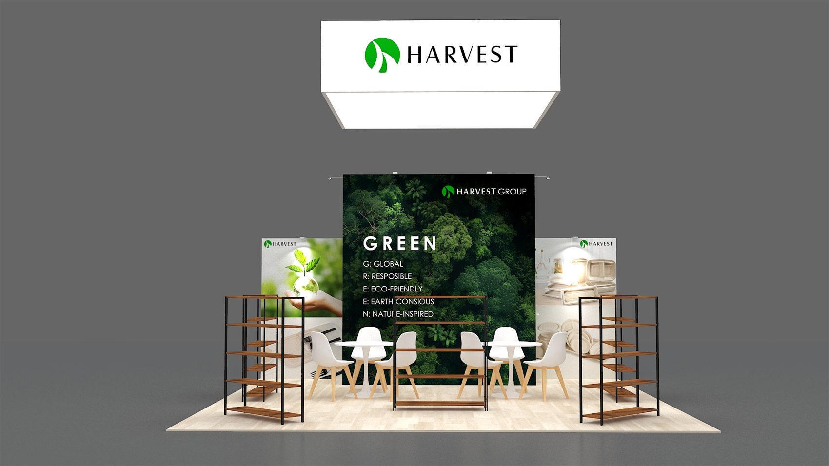 20×20 Peninsula Booth With Square Hanging Sign and Open Shelving Units