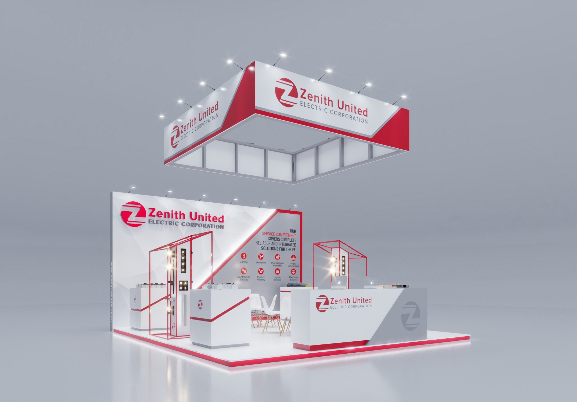 Design render of a 20×20 peninsula trade show booth: peninsula booth with square hanging sign and red frame display towers