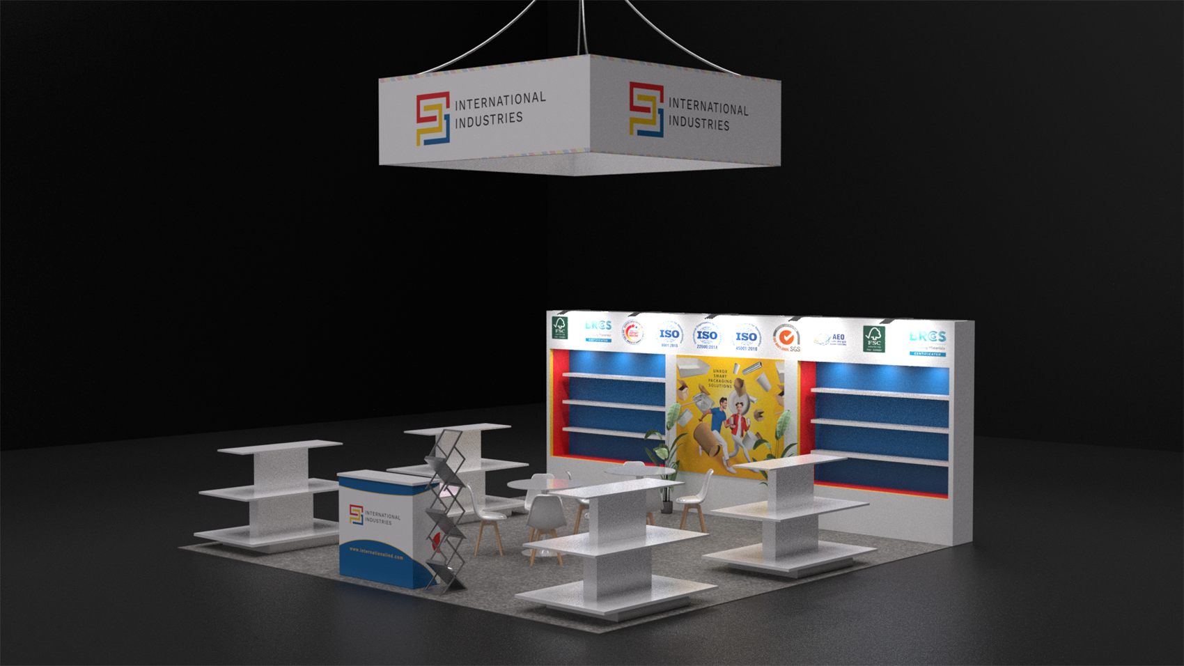 20×20 Peninsula Booth With Square Hanging Sign and Tiered Display Tables