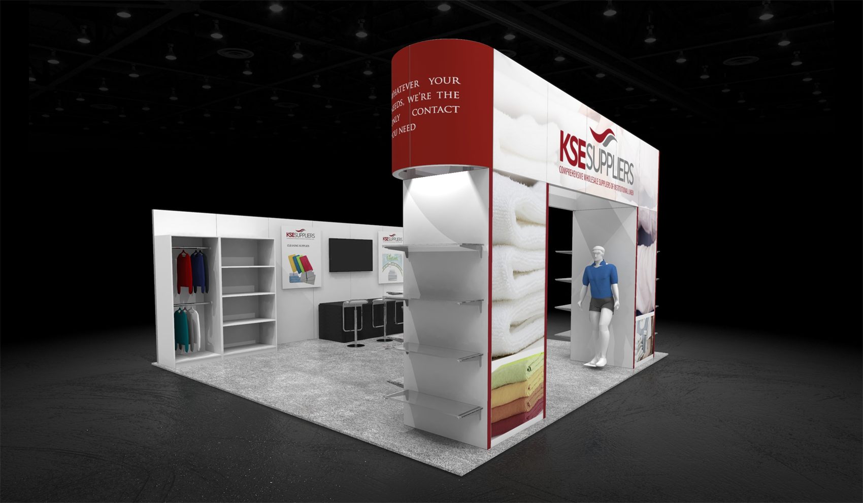 20×20 Peninsula Booth With Walk-Through Arch and Garment Display Wall