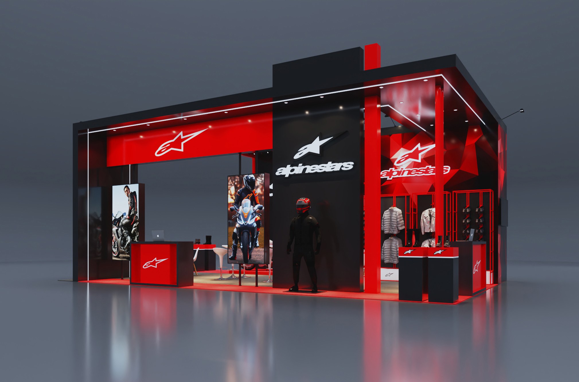 Design render of a 20×30 corner trade show booth: corner booth with black roof frame and red apparel display racks
